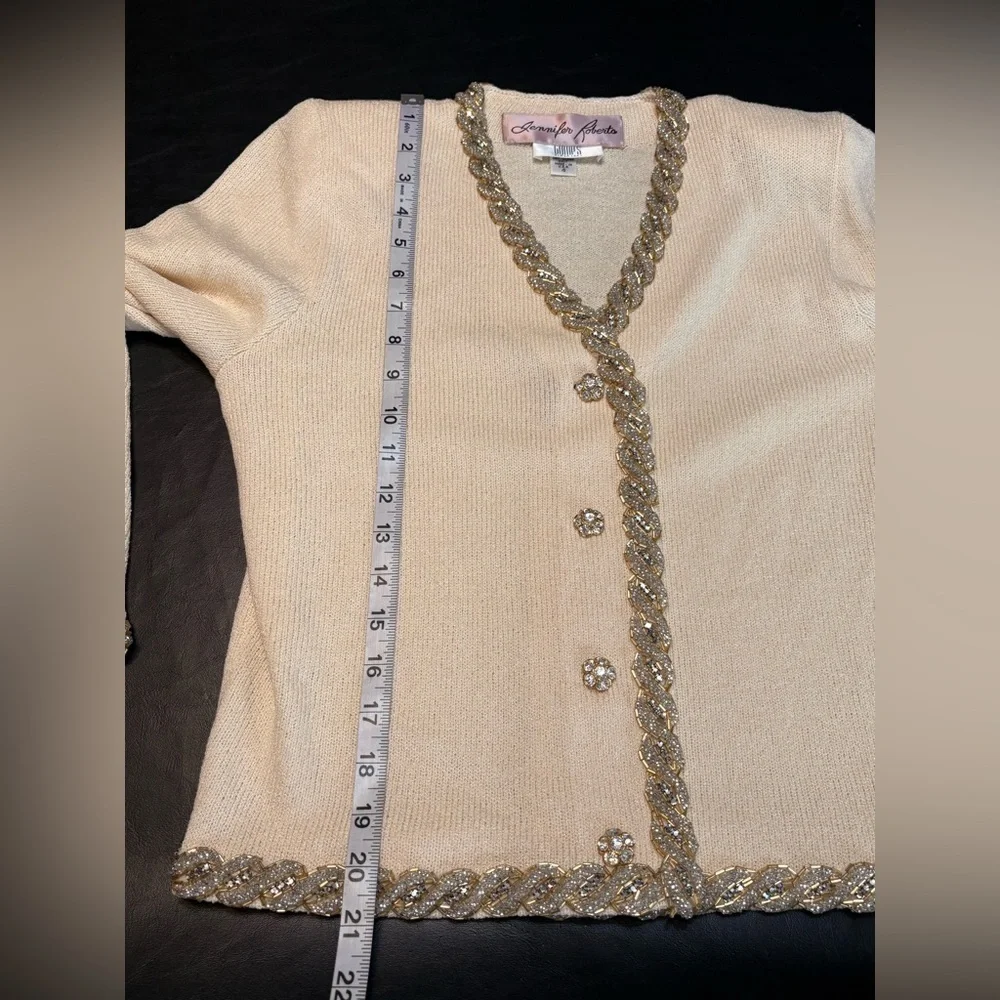 Vintage Chic Cream Cardigan with Gold Jewel Detailing made in USA size 4